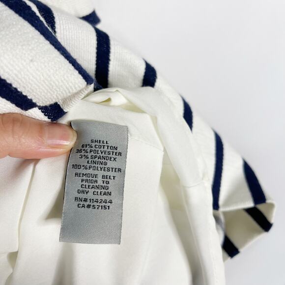 Eliza J 2 Navy Blue White Striped Fit and Flare Dress Pleated Keyhole Pockets - Picture 13 of 14